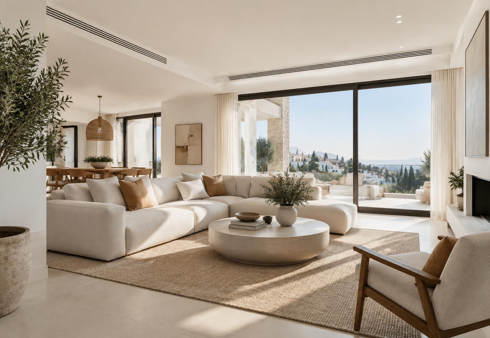 Salón de vivienda moderna con aire acondicionado por conductos integrado en el techo